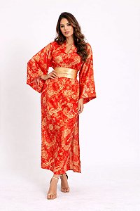 Kimono Longo Brocado Vermelho