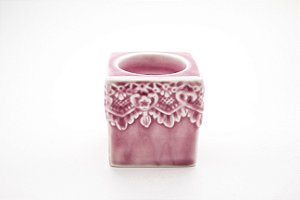 Castiçal Cubo Renda Rosa Porcelana 7 cm