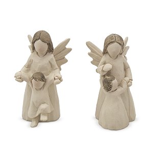 Kit Imagem 1 Anjo da Guarda com Menino e 1 Anjo da Guarda com Menina Resina 6,5 cm