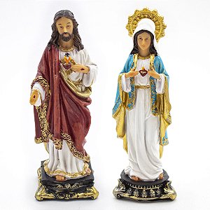 Kit Imagem Sagrado Coração de Jesus e Maria Di Angelo Resina 13 cm