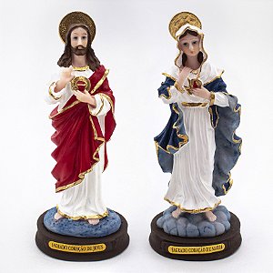 Kit Imagem Sagrado Coração de Jesus e Maria Resina 15 cm