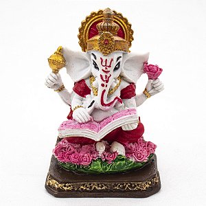 Estátua Ganesha Sentado Com Livro Branco Resina 10 cm