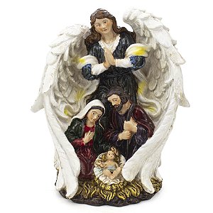Imagem Sagrada Família Anjo Asa Branca Importada Resina 19 cm
