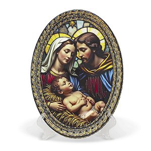 Adorno De Mesa/Parede Sagrada Familia Vitral Alto Relevo Importado Resina 29 cm