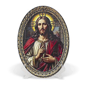 Adorno De Mesa/Parede Sagrado Coração de Jesus Vitral Alto Relevo Importado Resina 29 cm