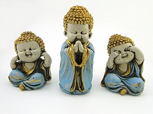 Estátua Trio Buda Azul Gesso 11 cm 17 cm 11 cm