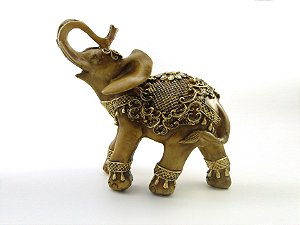 Estátua Elefante Flor Nas Costas Marrom e Dourado Gesso 30 cm