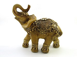 Estátua Elefante Flor Nas Costas Marrom e Dourado Gesso 23 cm