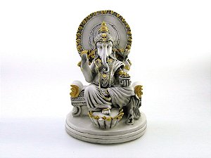 Estátua Ganesha Branco e Dourado Gesso 34 cm