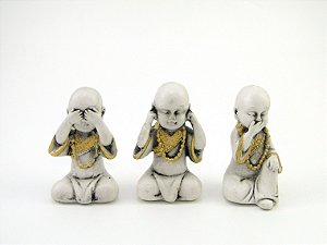 Estátua Trio Mini Buda Branco e Dourado Gesso 8 cm