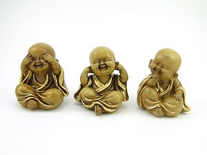 Estátua Trio Buda Marrom e Dourado Gesso 8 cm