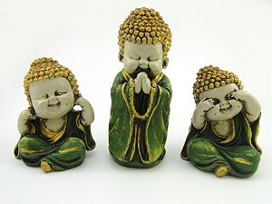 Estátua Trio Buda Verde Gesso 11 cm 17 cm 11 cm