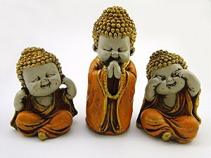 Estátua Trio Buda Laranja Gesso 11 cm 17 cm 11 cm