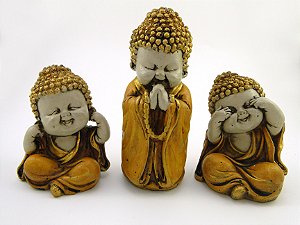Estátua Trio Buda Amarelo Gesso 11 cm 17 cm 11 cm