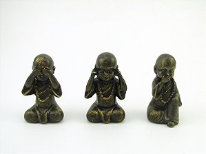 Estátua Trio Mini Buda Preto e Dourado Gesso 8 cm