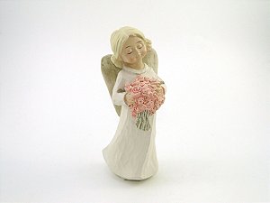 Imagem Anjo com Bouquet Vestido Branco  Resina 15 cm