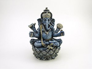 Estátua Ganesha Sentado na Flor de Lotus cor Jeans Resina 14 cm