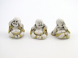 Estátua Trio Mini Buda Branco e Dourado Gesso 5 cm