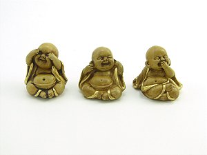 Estátua Trio Mini Buda Marrom e Dourado Gesso 5 cm