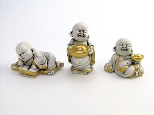 Estátua Trio Mini Buda Livro e Bandejas Branco e Dourado Gesso 5 cm