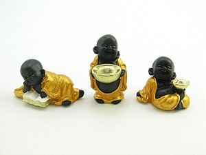 Estátua Trio Mini Buda Livro e Bandejas Preto, Laranja e Dourado Gesso 5 cm