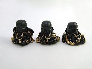 Estátua Trio Buda Covinha Preto e Dourado Gesso 9 cm