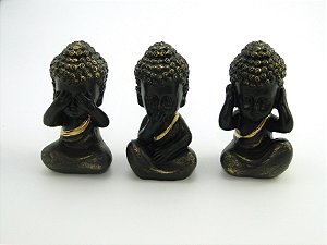 Estátua Trio Buda Preto e Dourado Gesso 9 cm