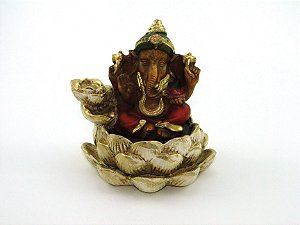 Incensário Cascata Ganesha Vermelho e Bege Gesso 11 cm