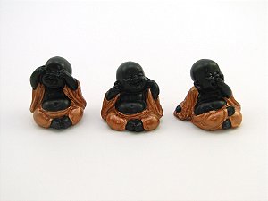 Estátua Trio Mini Buda Preto e Ferrugem Gesso 5 cm