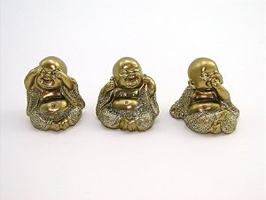 Estátua Trio Mini Buda Dourado Brilho Resina 5 cm