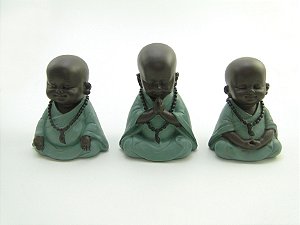 Estátua Trio Buda Mudra Preto e Verde Resina 12 cm