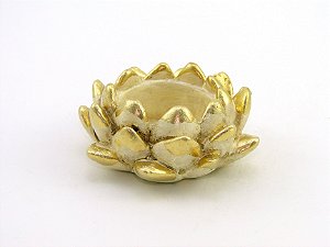 Castiçal Flor de Lótus Bege e Dourado Gesso 8 cm