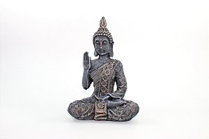 Estátua Buda Vitarka Mudra cor Chumbo Resina 20 cm