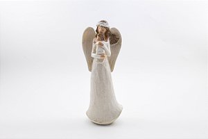 Imagem Anjo da Guarda Branco com Bebê no Colo Tiara Branca Resina 25 cm