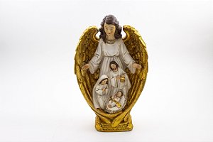 Imagem Sagrada Família Anjo Asa Dourada Importada Resina 25 cm