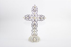 Crucifixo de Mesa Prateado com Pérolas Metal 23 cm