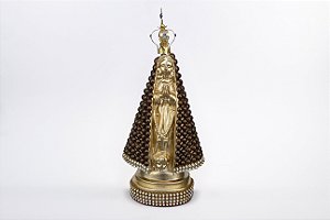 Imagem Nossa Senhora Aparecida Dourada com Pérola Marrom Coroa Metal Gesso 15 cm