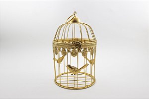 Enfeite Gaiola Pássaro Dourado Metal 24 cm
