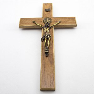 Crucifixo de Parede Madeira Clara e Metal 34 cm