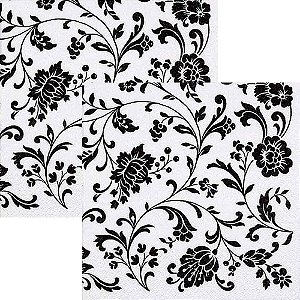 Guardanapo Decoupage Arabesco com Flores Preto e Branco 33x33cm 2 undiades