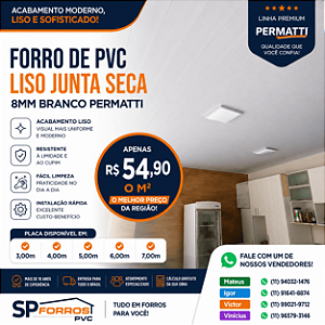 Forro PVC Liso Junta Seca Branco Permatti 8mm | 3, 4, 5, 6 e 7 Metros | R$ 54,90/m²
