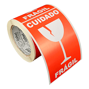Etiqueta adesiva Cuidado Frágil 100x150mm 10x15cm Couche para caixa de papelão embalagem - Rolo c/ 200 (30m)