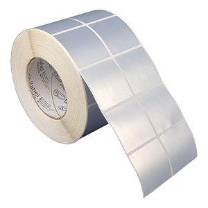 Etiqueta adesiva 50x50mm 5x5cm (2 colunas) Poliéster cromo fosco p/ Zebra ZT230 S4M ZT410 Rolo c/ 90m Tubete 3 polegadas