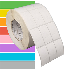 Etiqueta tag roupa adesiva 33x60mm 3,3x6cm (3 col) 1 corte Térmica (impressão s/ ribbon) Rolo 90m Tubete 3 pol