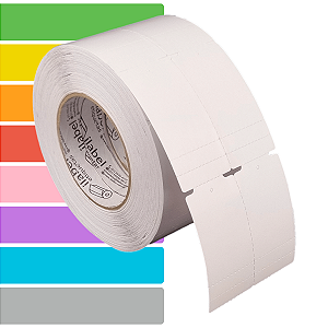 Etiqueta tag roupa adesiva 40x80mm 4x8cm (2 col) 2 picotes Couche cartão Zebra ZT230 S4M Rolo 90m Tubete 3 pol