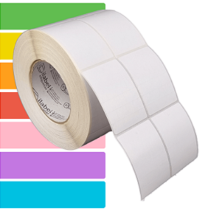 Etiqueta tag roupa adesiva 50x75mm 5x7,5cm (2 col) 3 cortes Couche p/ Zebra ZT230 S4M Rolo 90m Tubete 3 pol