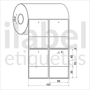 Etiqueta tag roupa adesiva 50x75mm 5x7,5cm (2 colunas) 1 corte Térmica direta (impressão s/ ribbon) - Rolo 30m