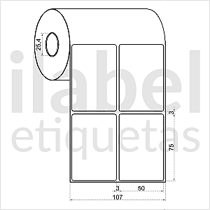 Etiqueta adesiva 50x75mm 5x7,5cm (2 colunas) Térmica direta (impressão s/ ribbon) p/ Tomate Zebra - Rolo 30m