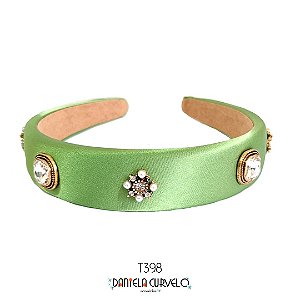 Tiara de Luxo Larga Verde Pingentes Ouro Velho E Cristais - T398