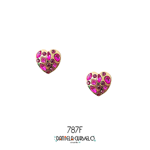 Brinco Coração Dourado Pedrarias Rosa Pink BF787RP
